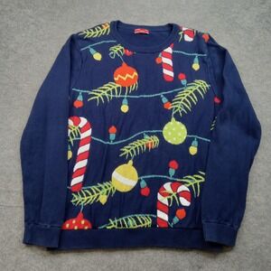 Christmas Sweater Mens Large Blue Candy Cane Ornament Ugly Holiday‎ Pullover